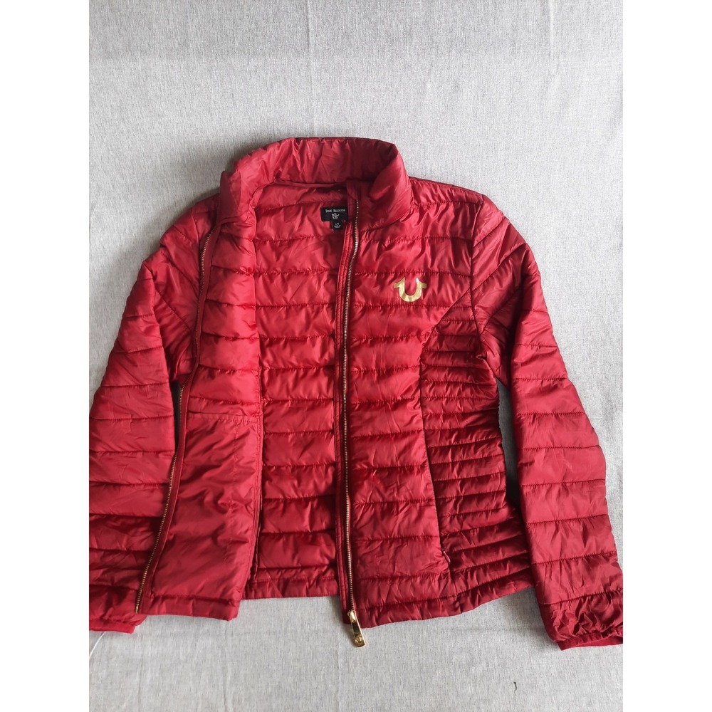 True Religion Mens Large Art Logo Full Zip Down Puffer Jacket Red Pure Polyester